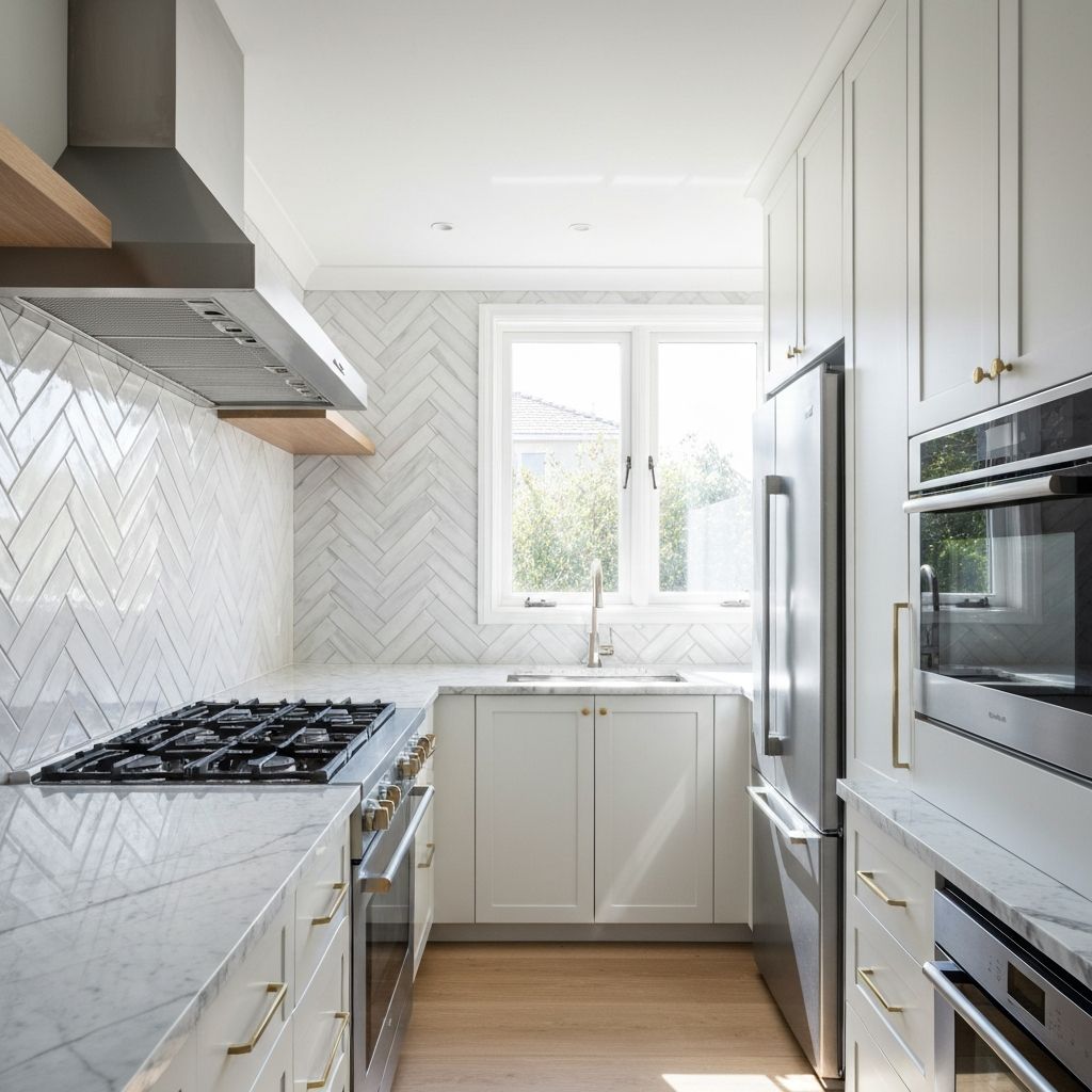 Modern kitchen with professionally installed herringbone subway tile splashback